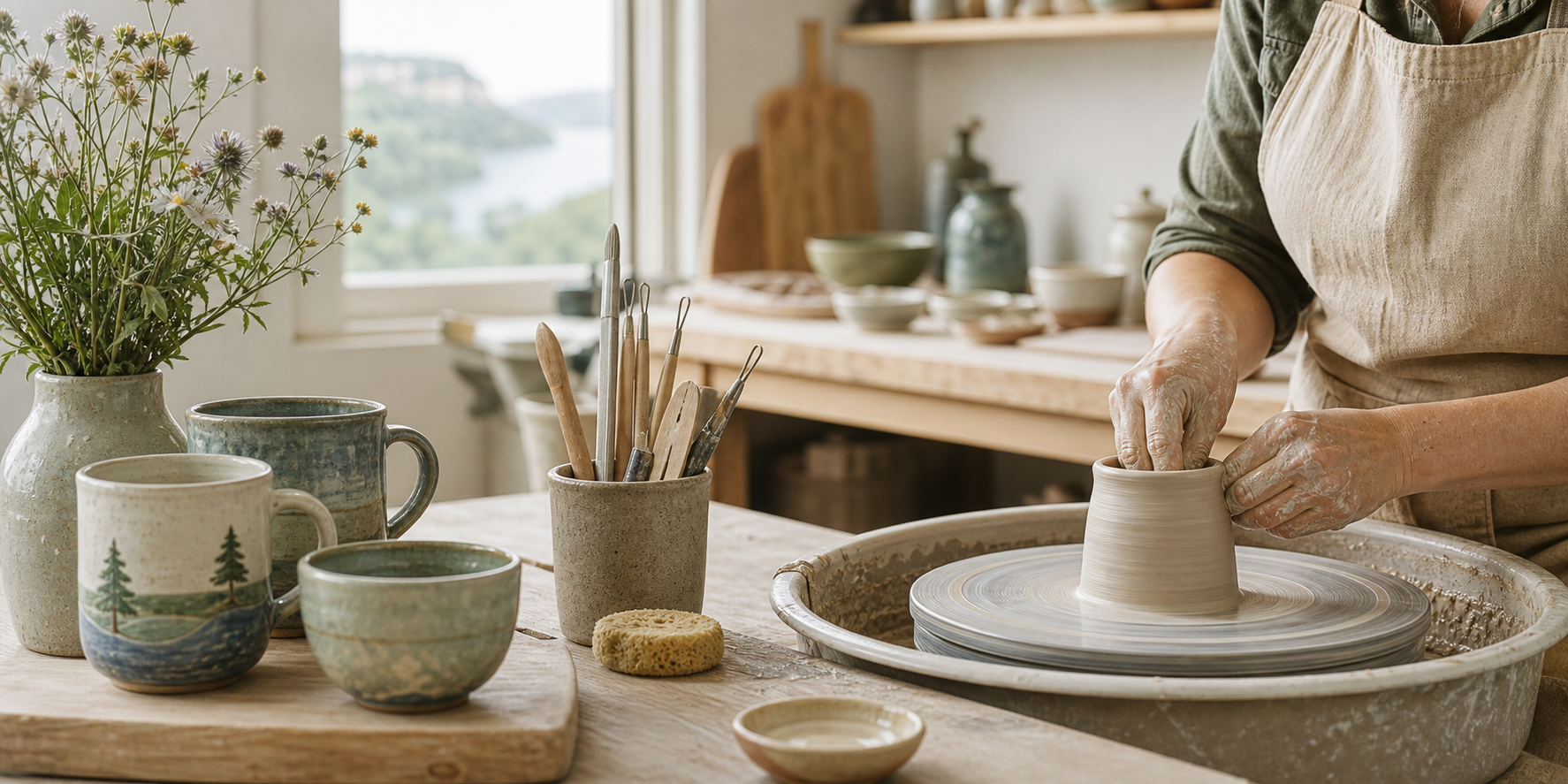 Hands working clay in a bright pottery studio.
