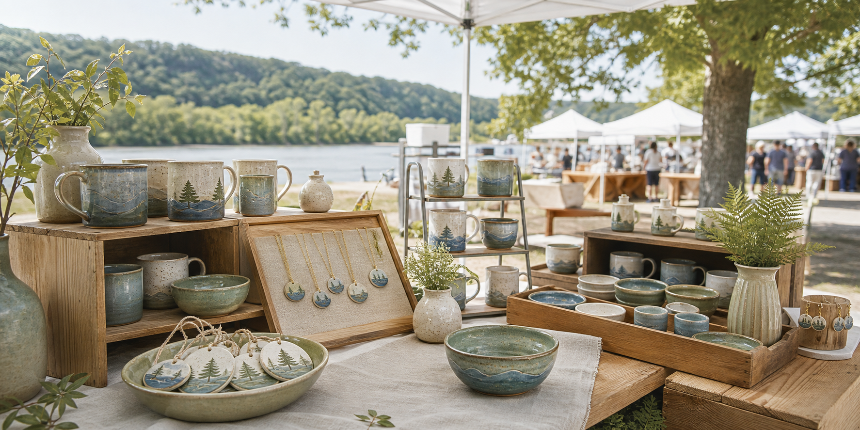 Pickwick Pottery market booth with handmade ceramics displayed outdoors.