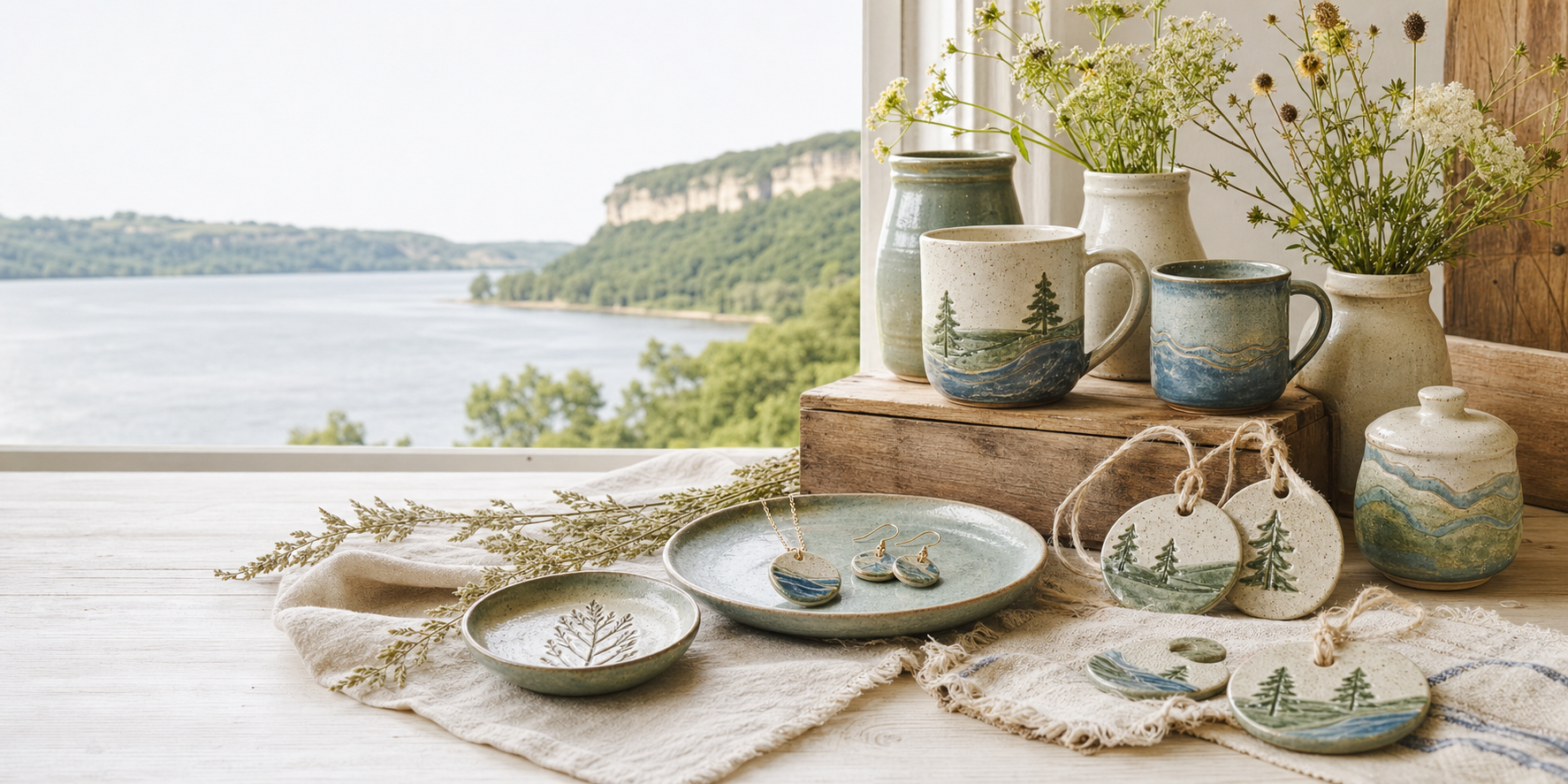 Handmade pottery displayed in a bright river valley studio setting.